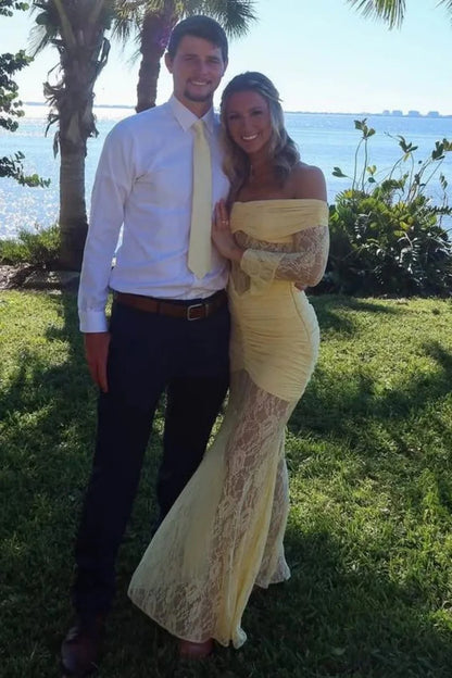 Vintage Inspired Lace Off Shoulder Mermaid Prom Gown With Long Sleeves AD485