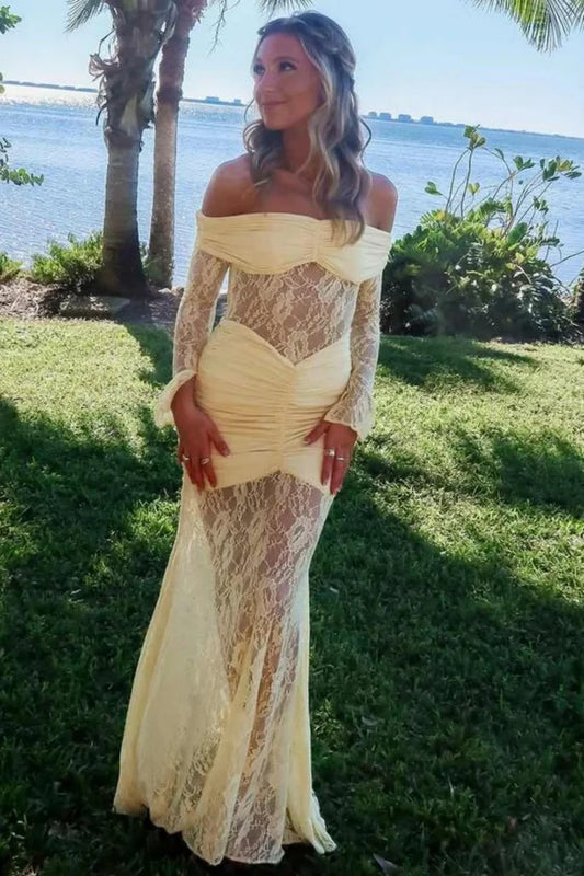 Vintage Inspired Lace Off Shoulder Mermaid Prom Gown With Long Sleeves AD485