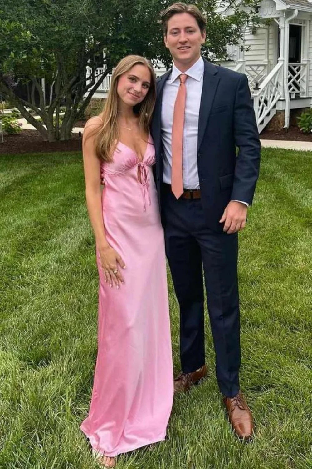 Pink Satin Slip Prom Dress With Spaghetti Straps Tie Front And Sleek Silhouette AD486