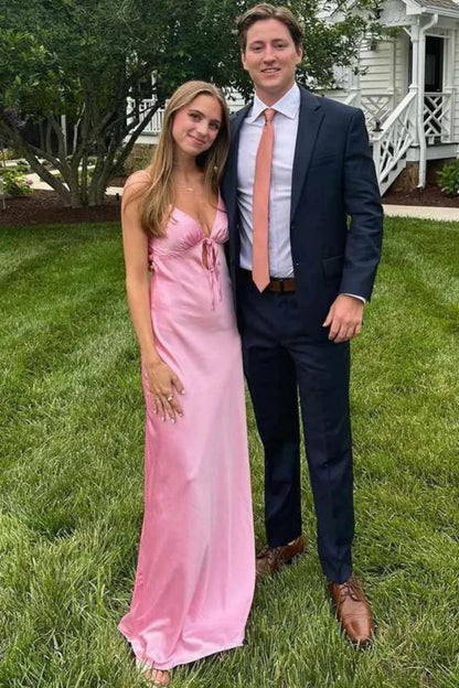 Pink Satin Slip Prom Dress With Spaghetti Straps Tie Front And Sleek Silhouette AD486