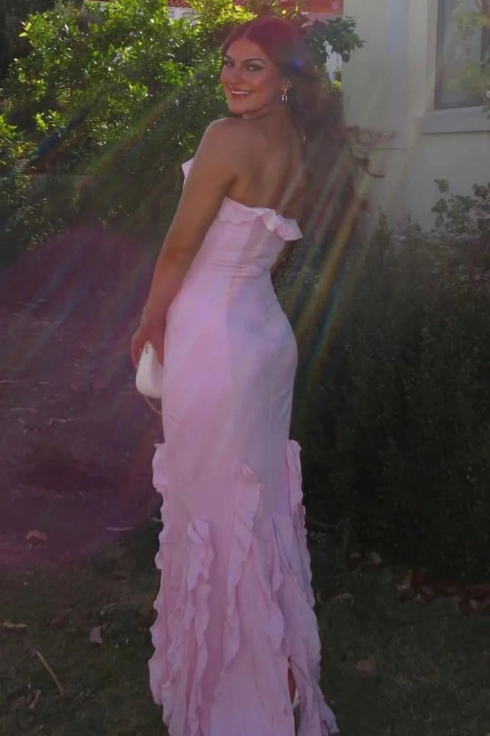 Soft Pink Ruffle Detail Halter Neck Backless Long Mermaid Prom Dress AD490