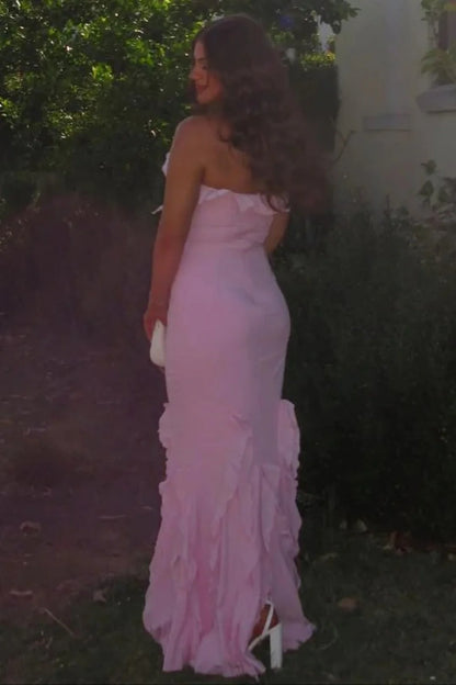 Soft Pink Ruffle Detail Halter Neck Backless Long Mermaid Prom Dress AD490