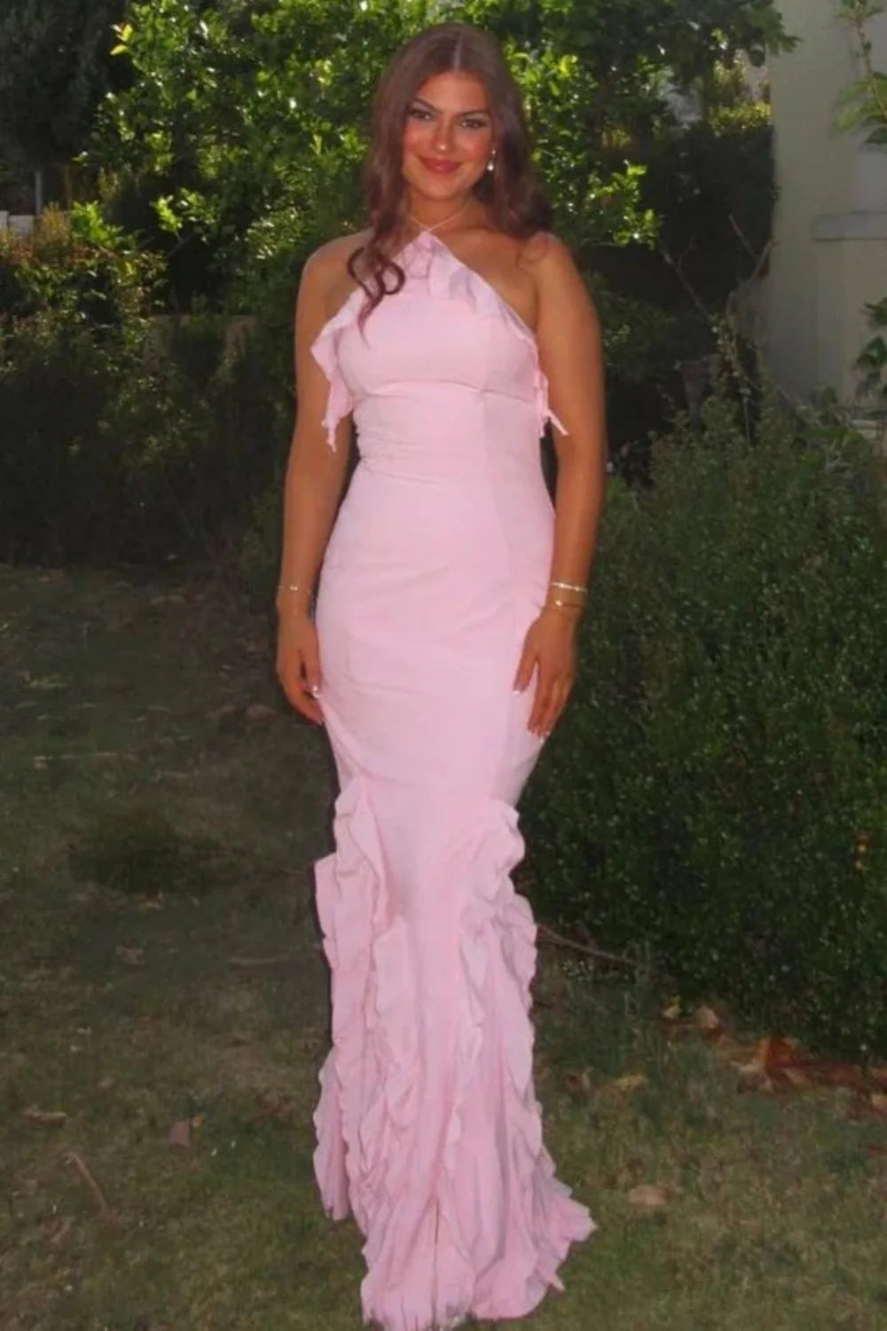 Soft Pink Ruffle Detail Halter Neck Backless Long Mermaid Prom Dress AD490