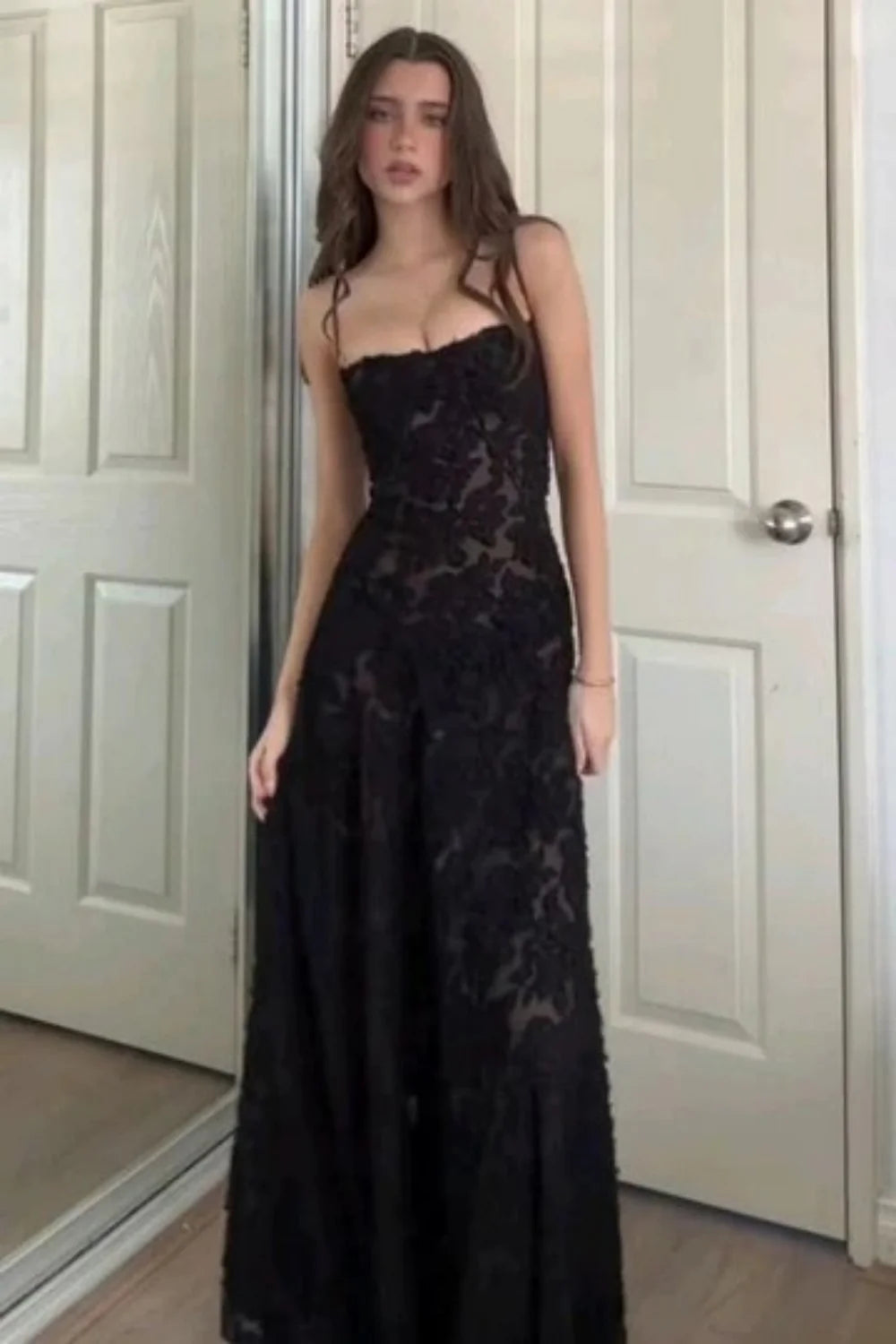 Sleek Black Lace Formal Dress With Spaghetti Straps And Flared Skirt AD491