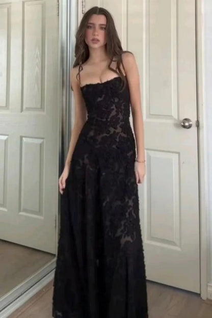 Sleek Black Lace Formal Dress With Spaghetti Straps And Flared Skirt AD491