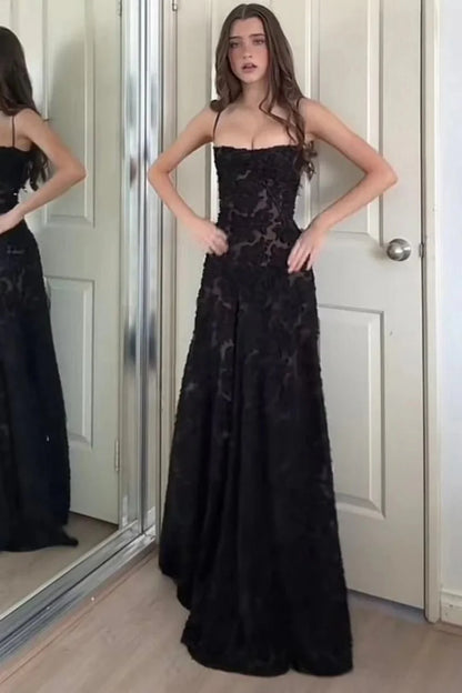 Sleek Black Lace Formal Dress With Spaghetti Straps And Flared Skirt AD491