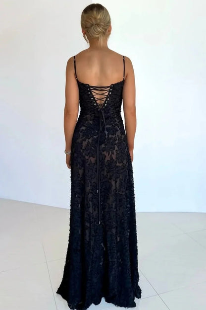 Sleek Black Lace Formal Dress With Spaghetti Straps And Flared Skirt AD491