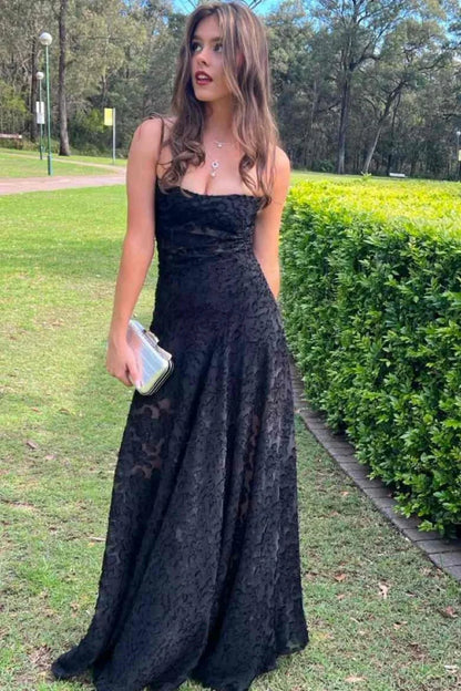 Sleek Black Lace Formal Dress With Spaghetti Straps And Flared Skirt AD491