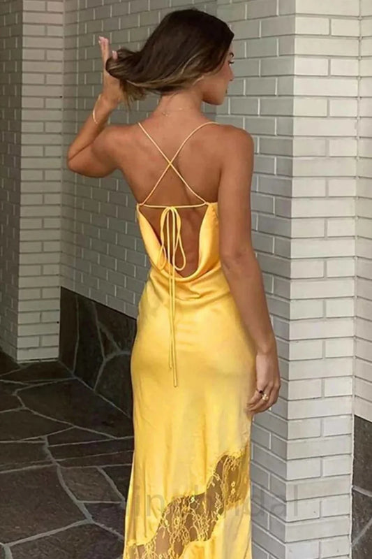 Chic Yellow Satin Gown With Lace Accents For Formal Occasions AD492