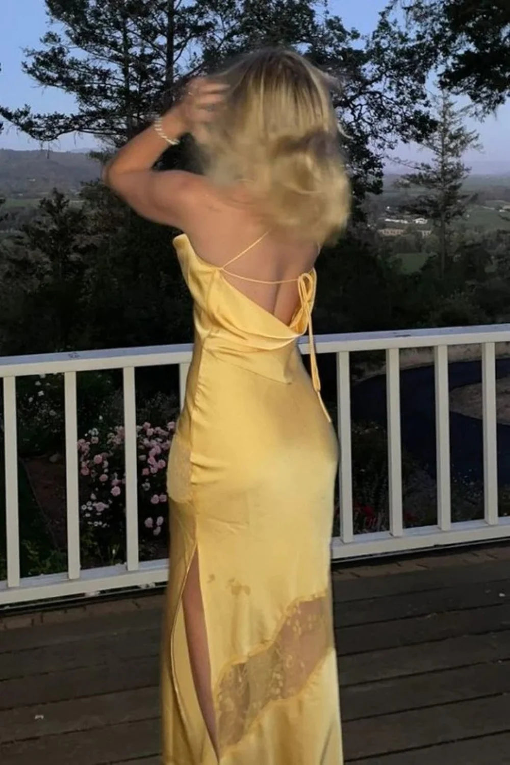 Chic Yellow Satin Gown With Lace Accents For Formal Occasions AD492