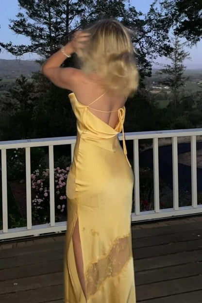 Chic Yellow Satin Gown With Lace Accents For Formal Occasions AD492
