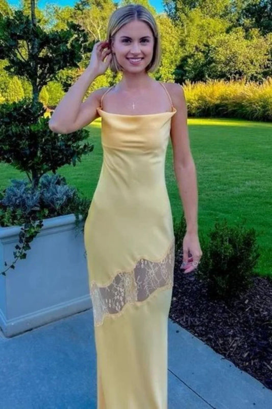 Chic Yellow Satin Gown With Lace Accents For Formal Occasions AD492