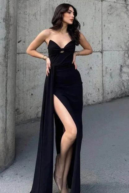 Dramatic Black Cutout Dress With Thigh-High Slit And Draped Detail AD494