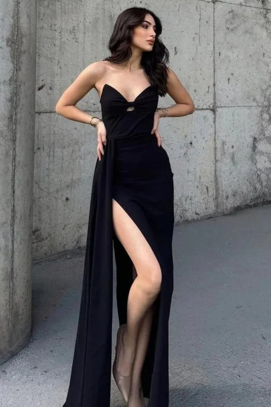 Dramatic Black Cutout Dress With Thigh-High Slit And Draped Detail AD494