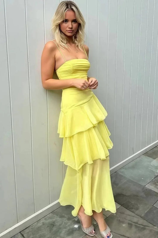 Stylish Yellow Spaghetti Straps Lace Up Tiered Chiffon Prom Gown AD495
