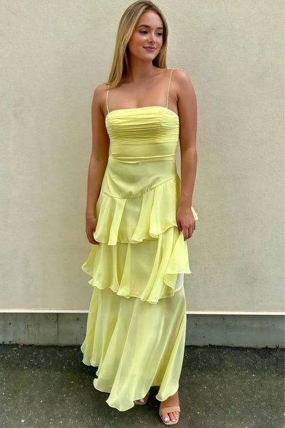 Stylish Yellow Spaghetti Straps Lace Up Tiered Chiffon Prom Gown AD495