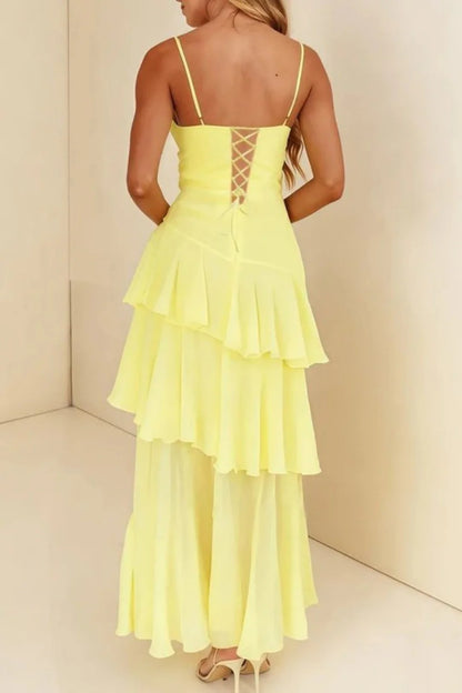 Stylish Yellow Spaghetti Straps Lace Up Tiered Chiffon Prom Gown AD495