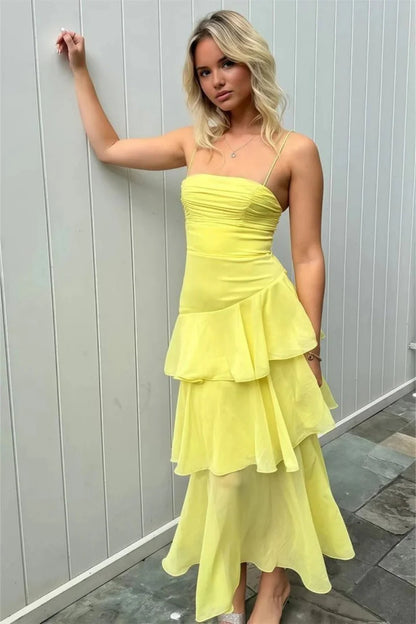 Stylish Yellow Spaghetti Straps Lace Up Tiered Chiffon Prom Gown AD495