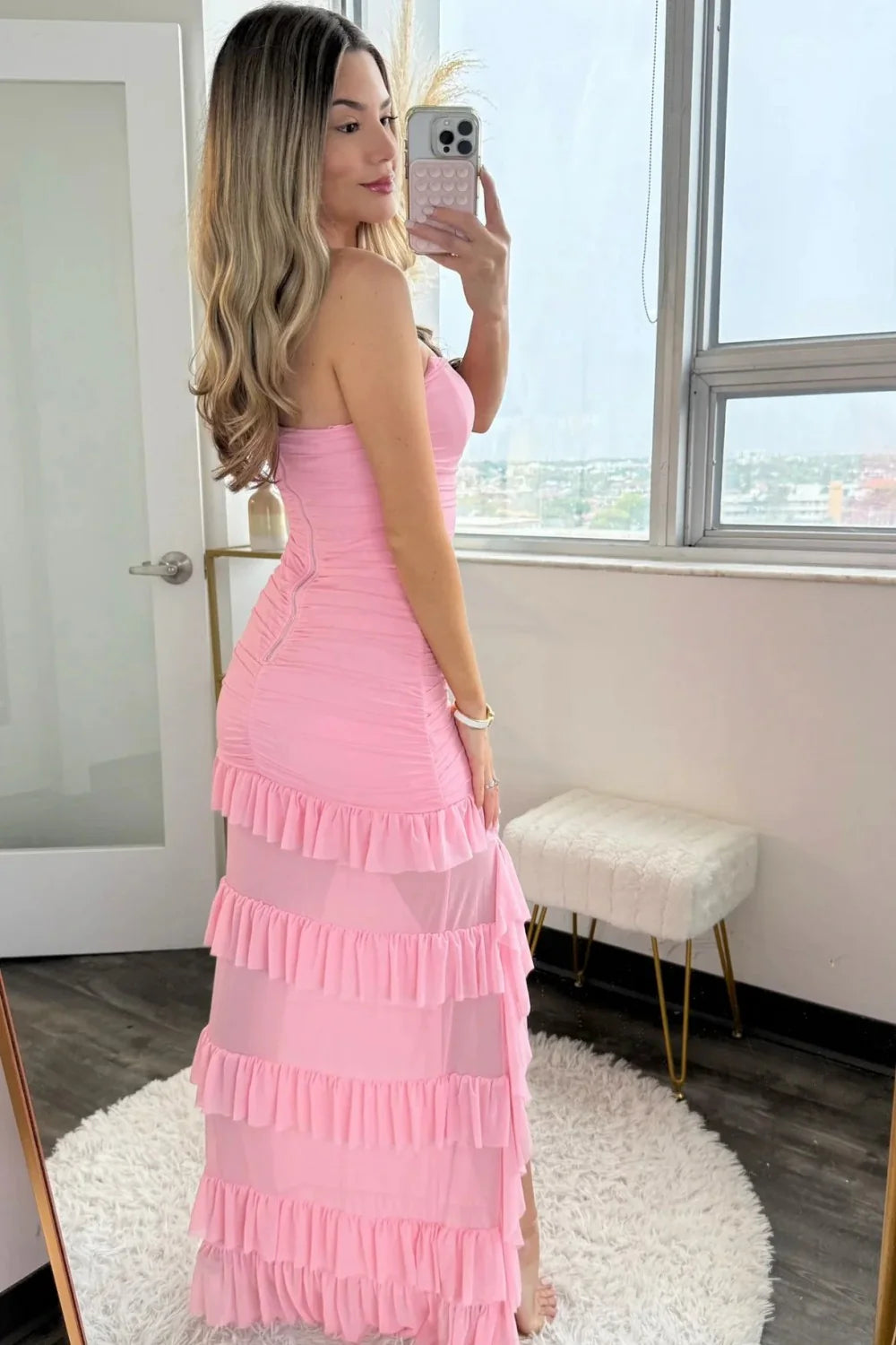 Charming Pink Strapless Ruffle Pleating Mermaid Prom Dress With High Slit AD496