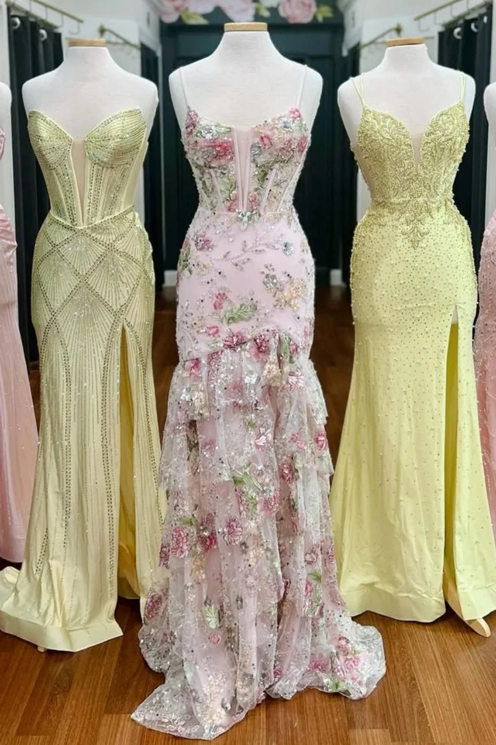 Blush Floral Applique Mermaid Prom Dress With Sheer Corset Bodice And High Slit AD497