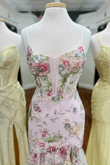 Blush Floral Applique Mermaid Prom Dress With Sheer Corset Bodice And High Slit AD497