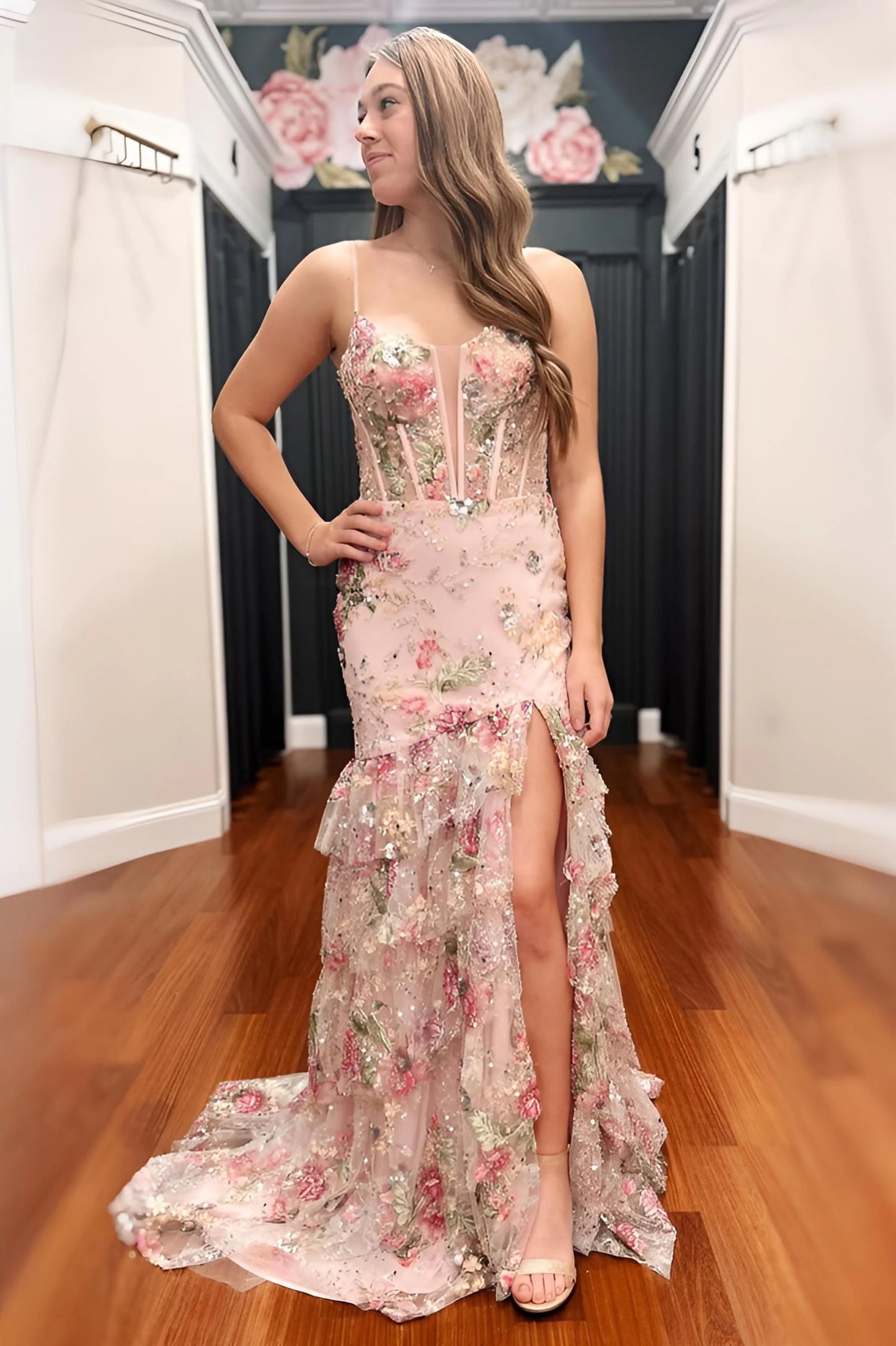 Blush Floral Applique Mermaid Prom Dress With Sheer Corset Bodice And High Slit AD497