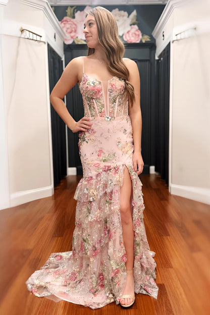 Blush Floral Applique Mermaid Prom Dress With Sheer Corset Bodice And High Slit AD497