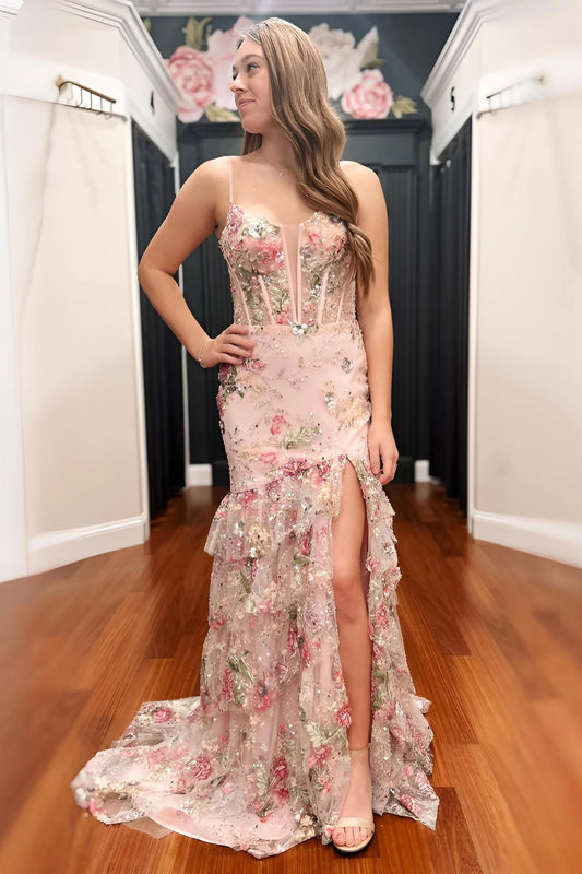 Blush Floral Applique Mermaid Prom Dress With Sheer Corset Bodice And High Slit AD497