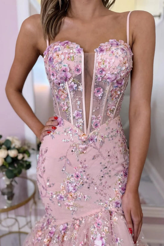 Romantic Blush Pink Floral Applique Corset Mermaid Prom Dress With Slit AD498