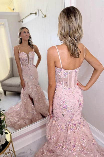 Romantic Blush Pink Floral Applique Corset Mermaid Prom Dress With Slit AD498
