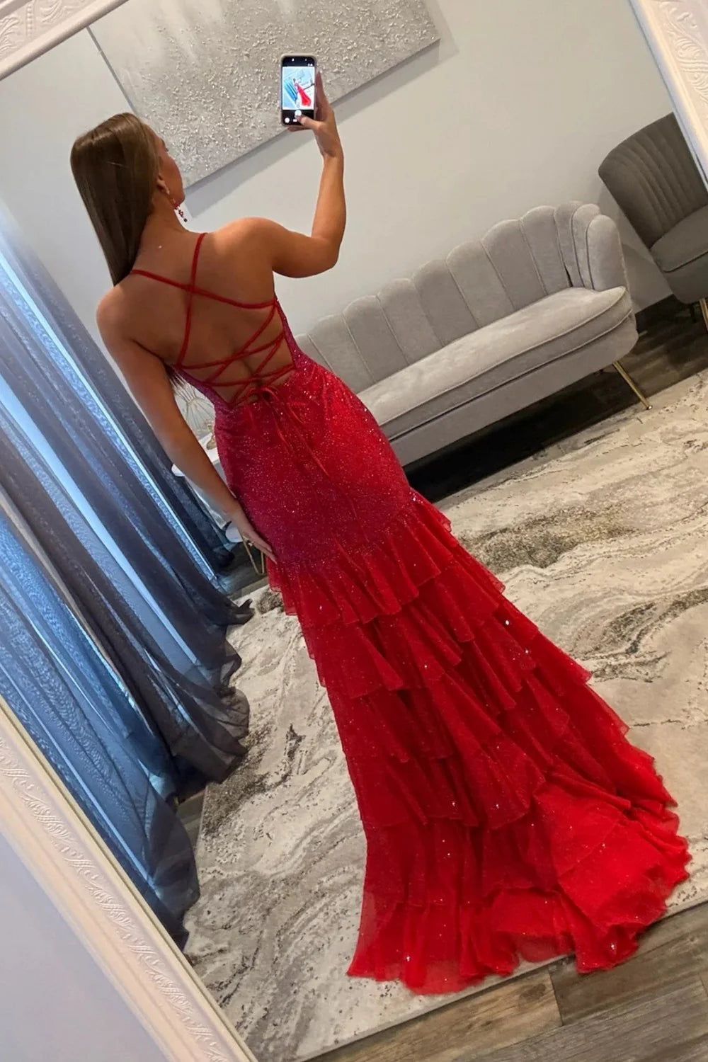 Sparkling Red Beaded Mermaid Prom Evening Gown With Ruffle Skirt AD499
