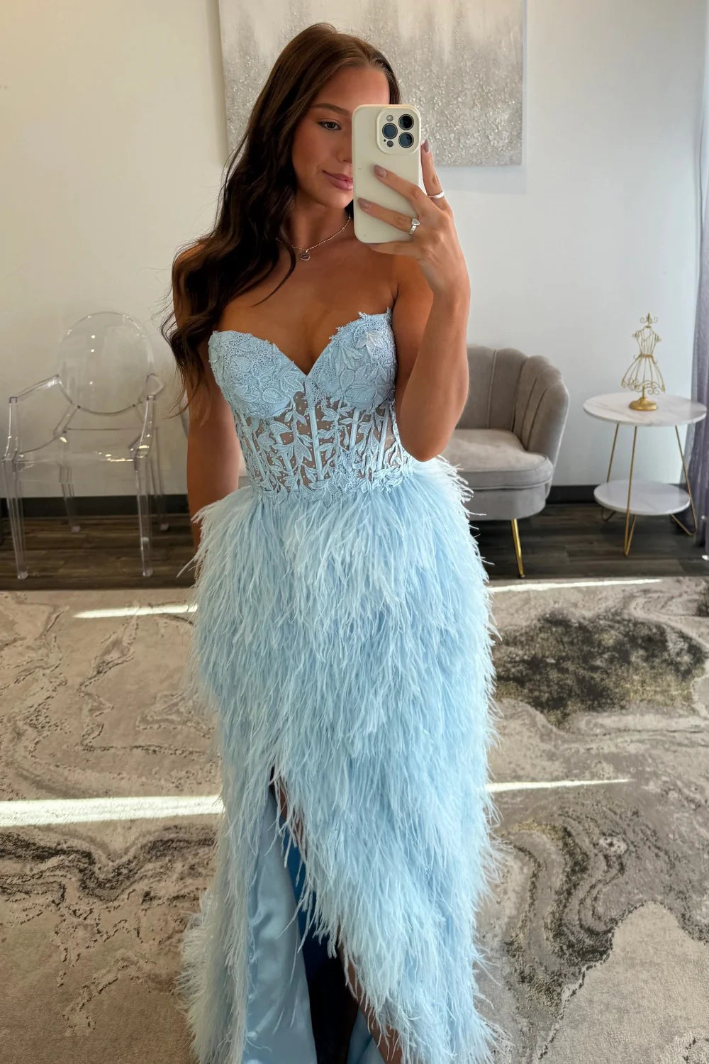 Luxury Light Blue Sweetheart Lace Up Feather Skirt Lace Bodice Prom Gown AD502