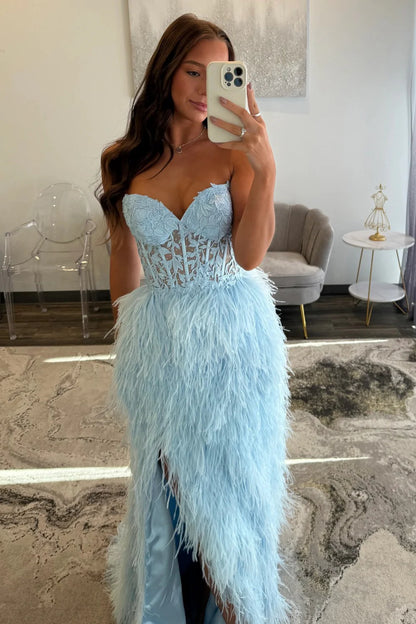Luxury Light Blue Sweetheart Lace Up Feather Skirt Lace Bodice Prom Gown AD502