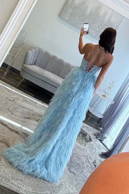 Luxury Light Blue Sweetheart Lace Up Feather Skirt Lace Bodice Prom Gown AD502