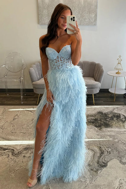 Luxury Light Blue Sweetheart Lace Up Feather Skirt Lace Bodice Prom Gown AD502