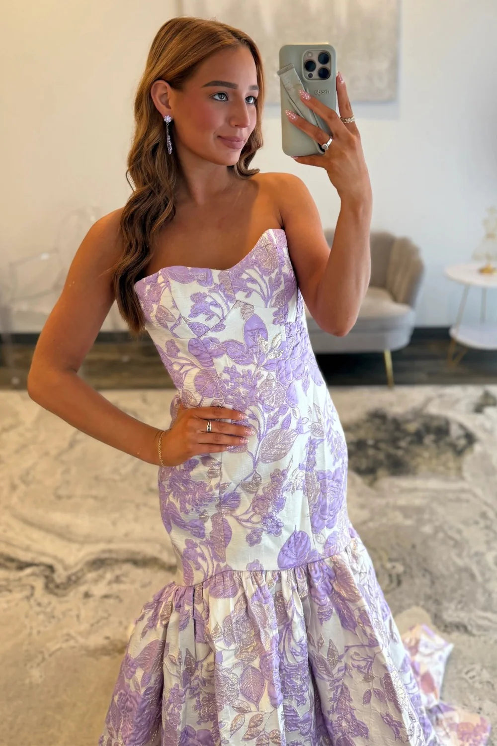 Purple Floral Strapless Mermaid Style Prom Dress With Court Train AD504