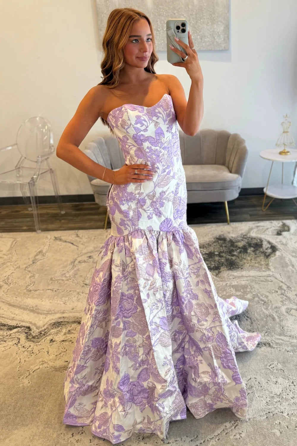 Purple Floral Strapless Mermaid Style Prom Dress With Court Train AD504