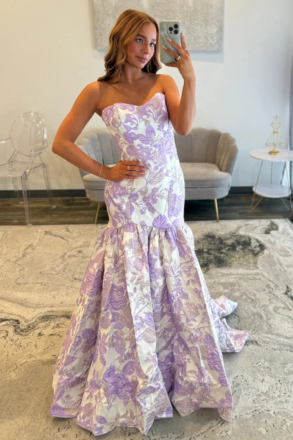Purple Floral Strapless Mermaid Style Prom Dress With Court Train AD504
