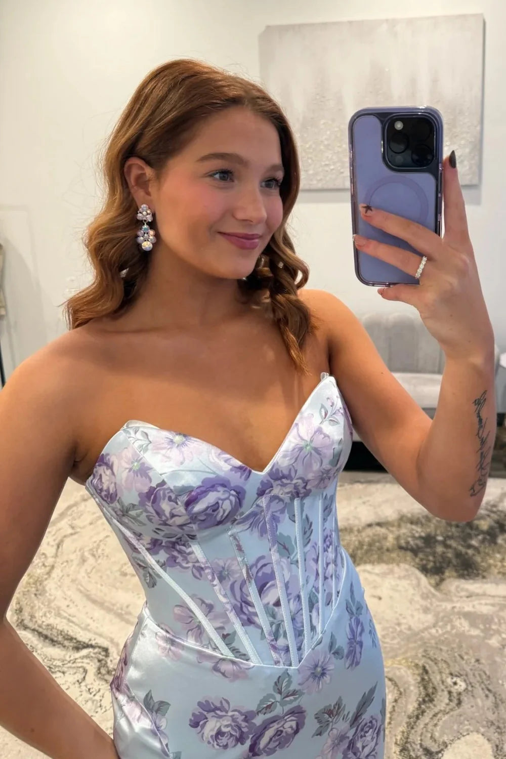 Romantic Blue Floral Sweetheart Corset Prom Gown With Ruffle Slit AD505