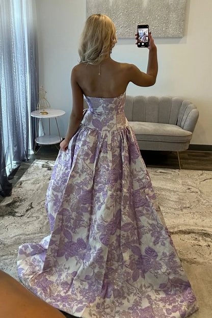 Romantic Purple Floral A-Line Strapless Long Prom Dress With Bow AD506