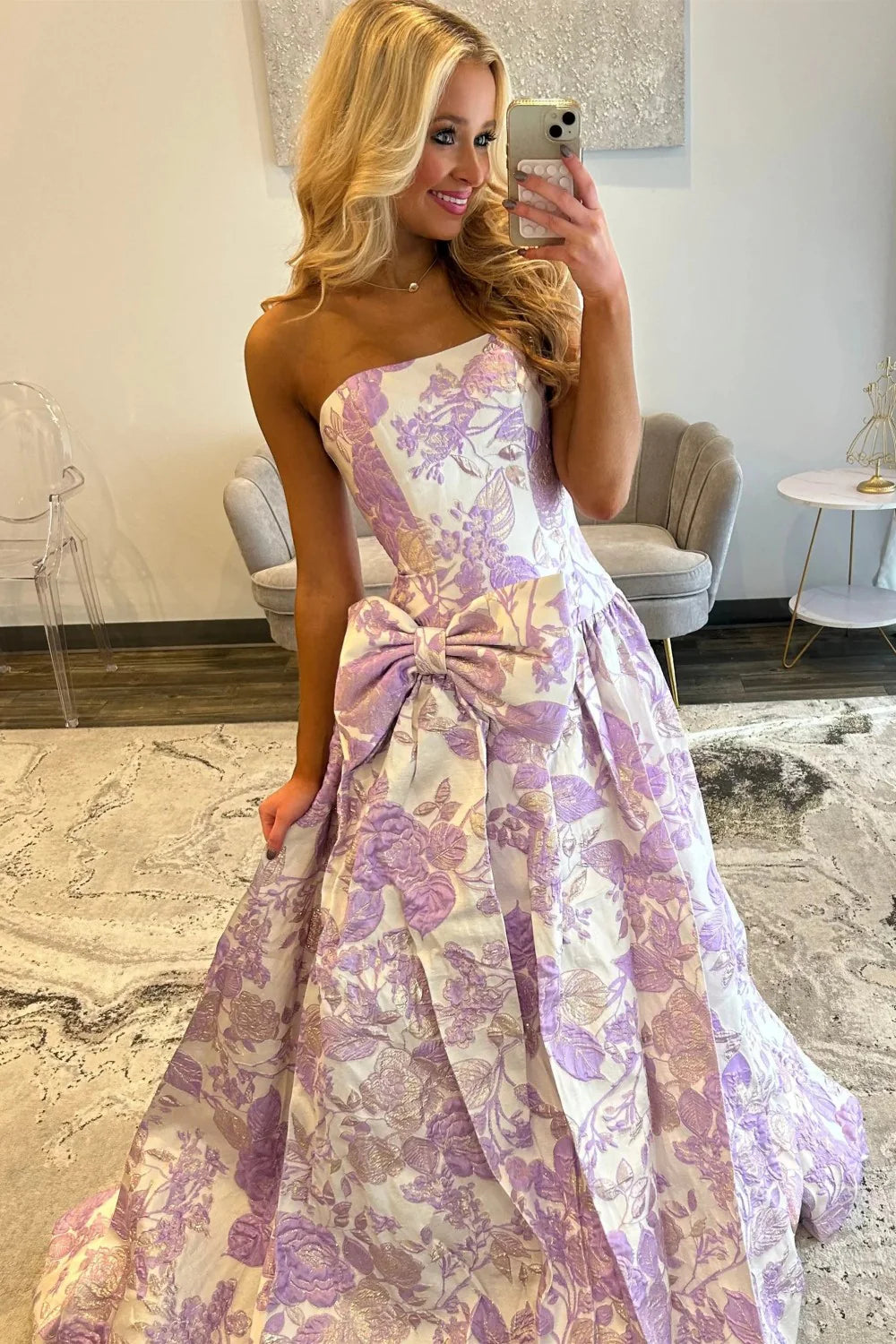 Romantic Purple Floral A-Line Strapless Long Prom Dress With Bow AD506