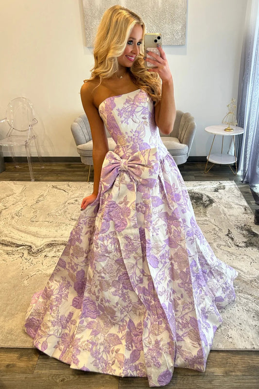 Romantic Purple Floral A-Line Strapless Long Prom Dress With Bow AD506