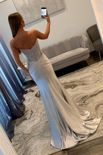 Glamorous Silver Sweetheart Long Satin Corset Prom Dress With Beaded Top AD507