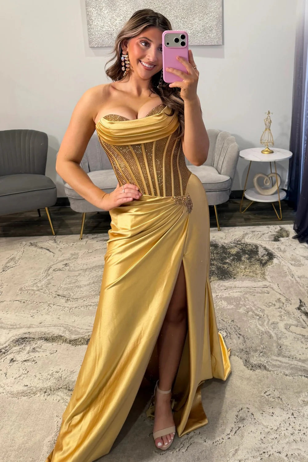 Glamorous Silver Sweetheart Long Satin Corset Prom Dress With Beaded Top AD507