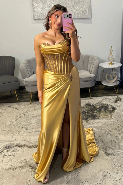 Glamorous Silver Sweetheart Long Satin Corset Prom Dress With Beaded Top AD507