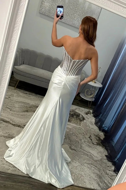 Glamorous Silver Sweetheart Long Satin Corset Prom Dress With Beaded Top AD507