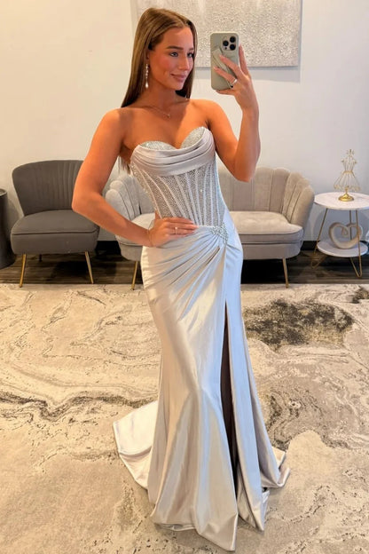 Glamorous Silver Sweetheart Long Satin Corset Prom Dress With Beaded Top AD507