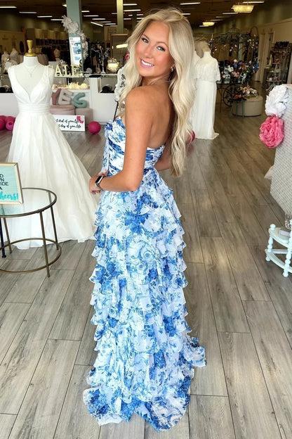 Chic Blue Floral Sweetheart Long Ruffled Chiffon Prom Dress With Slit AD508