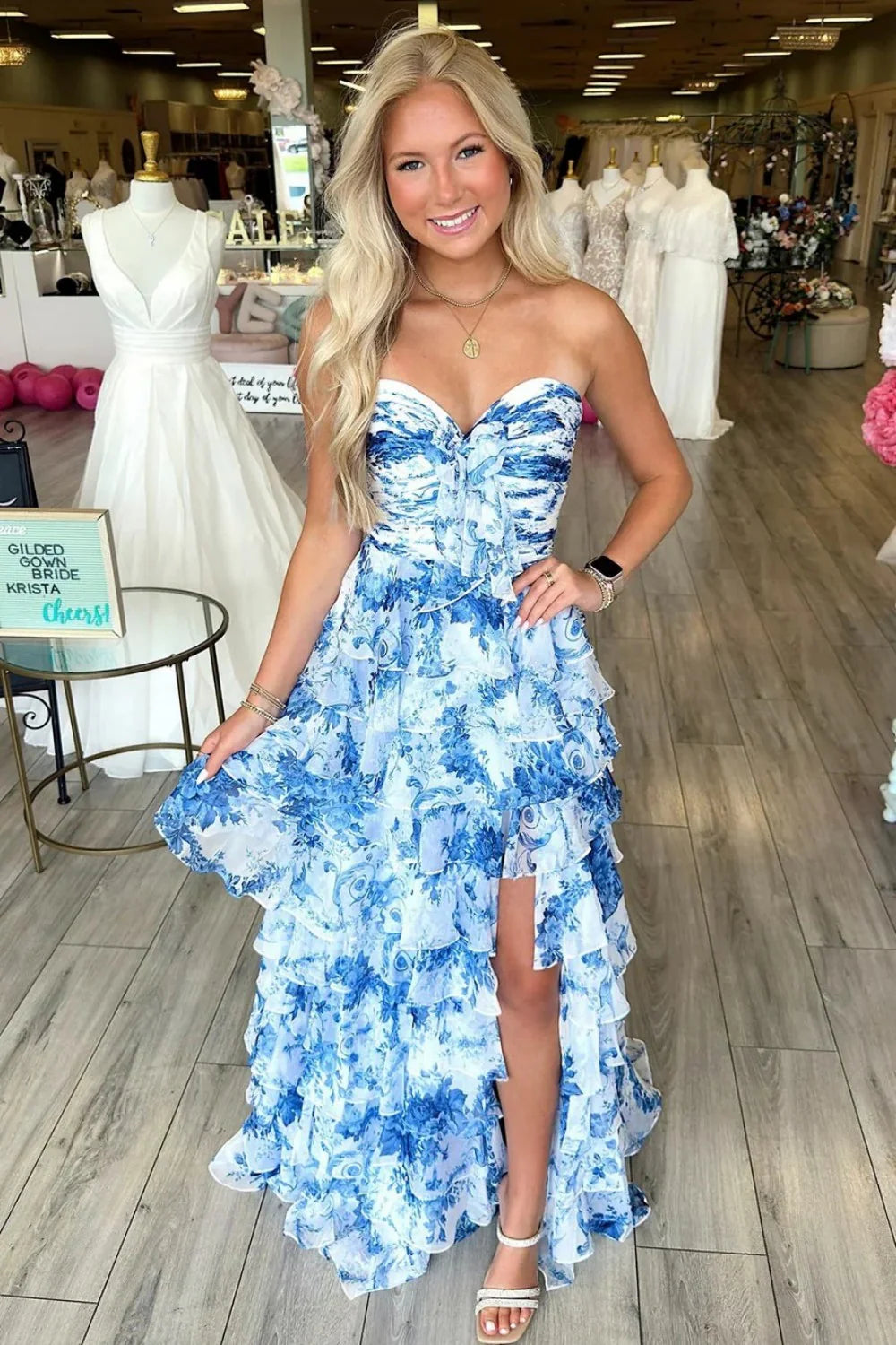 Chic Blue Floral Sweetheart Long Ruffled Chiffon Prom Dress With Slit AD508