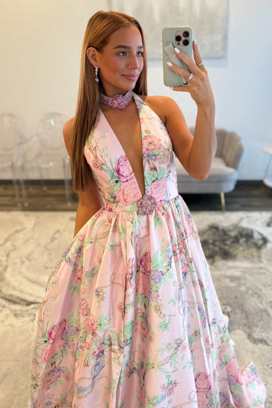 Romantic Pink Floral Halter Neck Prom Dress With Deep V Neck And Slit AD509